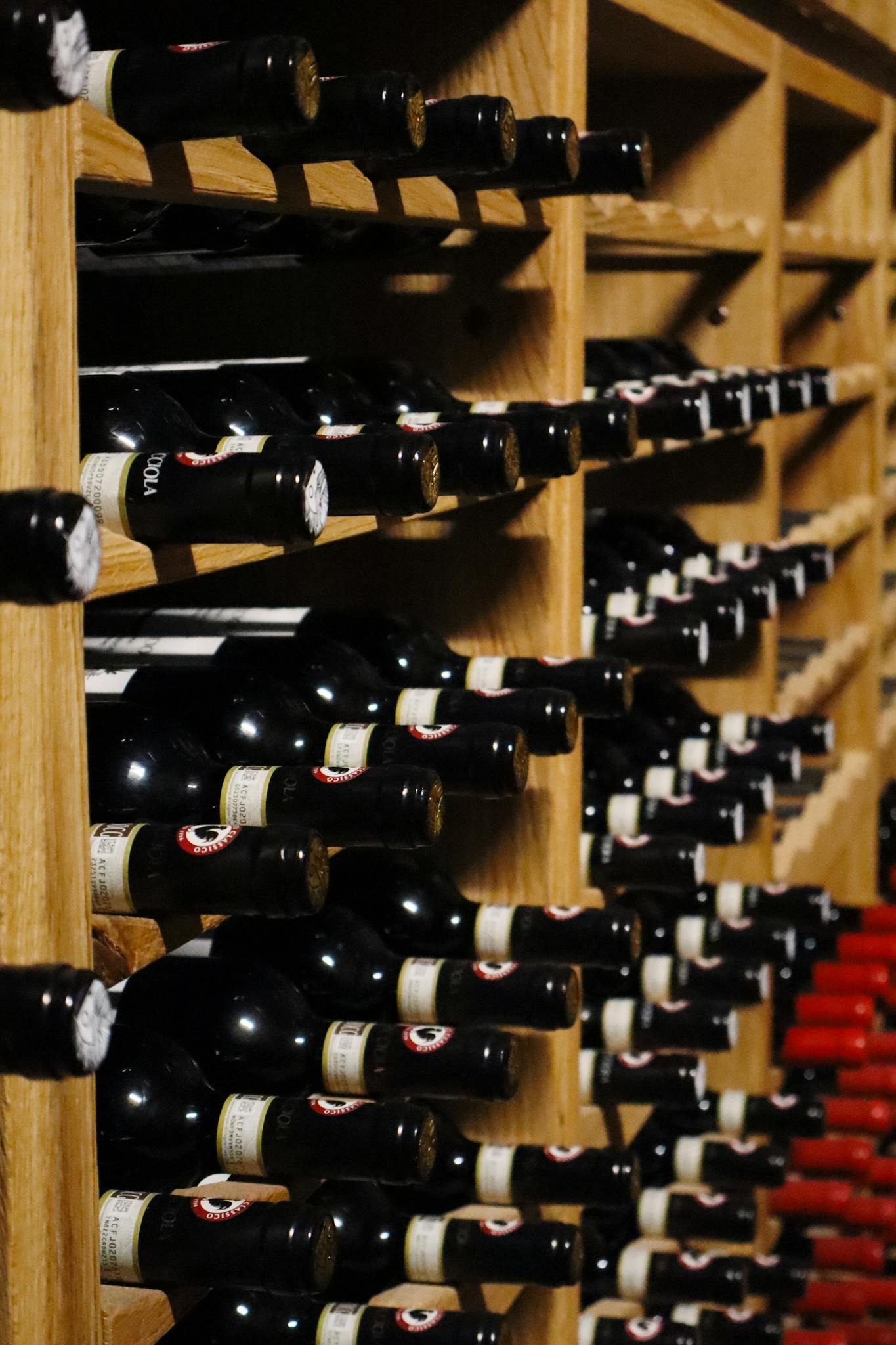 A close-up of neatly arranged wine bottles in a wooden cellar rack.